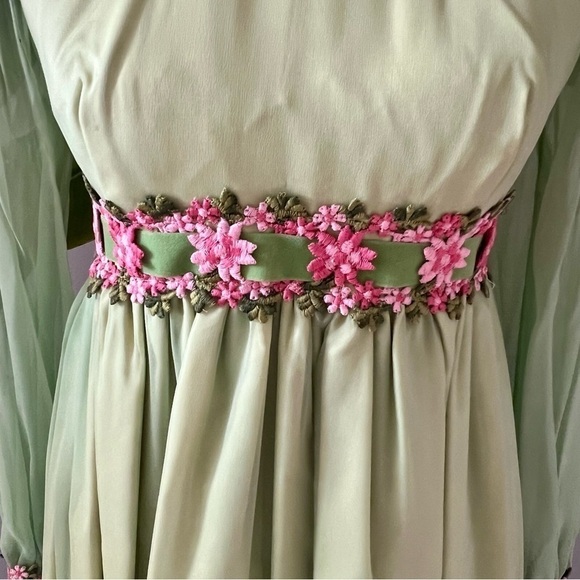 Vintage Light Green Chiffon & Taffeta Maxi Handmade Dress - Picture 3 of 16